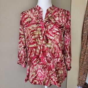 Chicos Top Womens Small Pink Beige Silky Tropical‎ Beachy Vacation Vibe